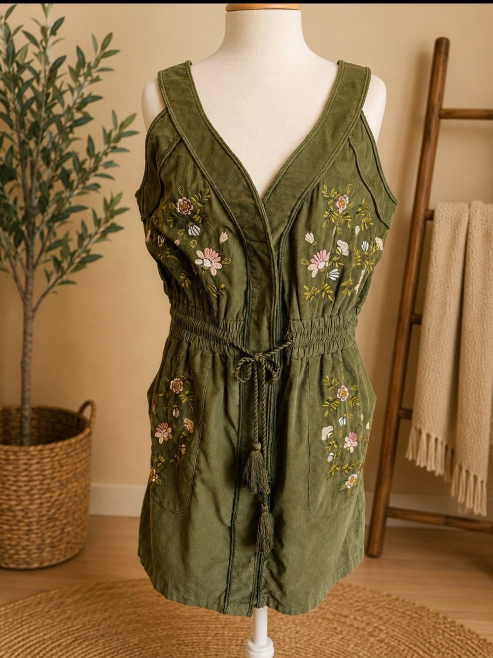 Aratta Olive Green Embroidered Tie-Waist Romper Dress